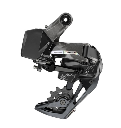 SRAM Force XPLR AXS D2 Rear Derailleur 442 12-Speed - Gray / Iridescent Aluminum.